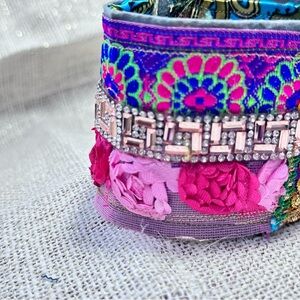 Artisan OOAK Wide Cuff Bracelet Fabric Bohemian Gypsy Artsy Embellished Handmade